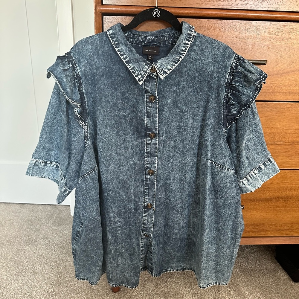 Ruffle Sleeve Denim Shirt